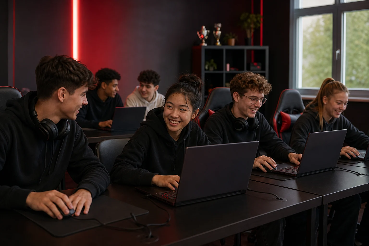Junge E-Sport-Spielerinnen und -Spieler beim gemeinsamen Training an eigenen Laptops